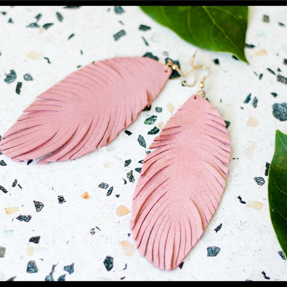 Pink suede feather earrings